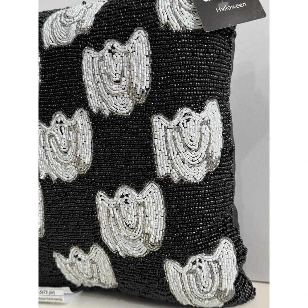Beaded Halloween Square Pillow Black & White 